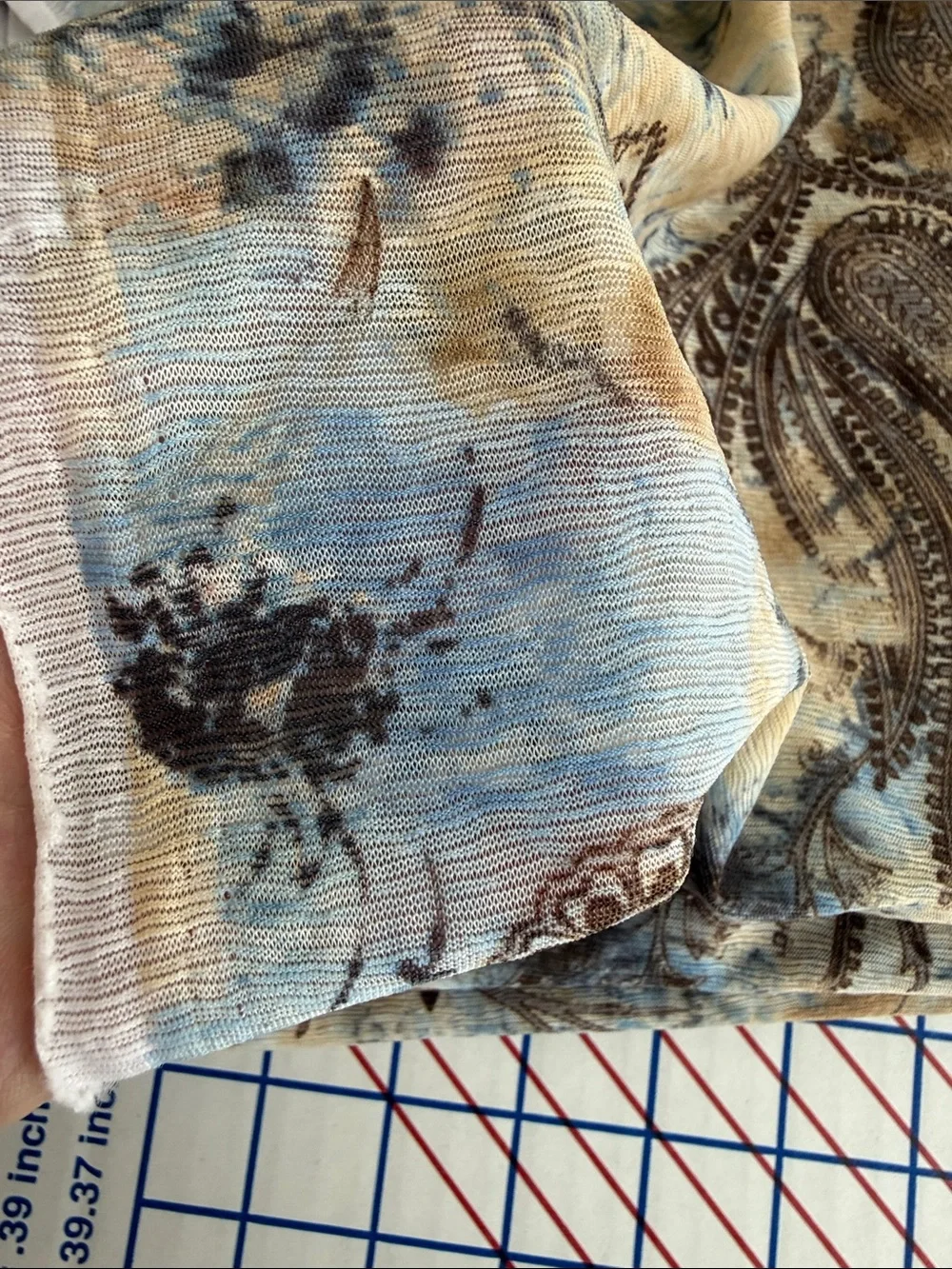 Textured Crepe Knit Fabric Blue Brown Paisley Boho 2.5 Yards x 58